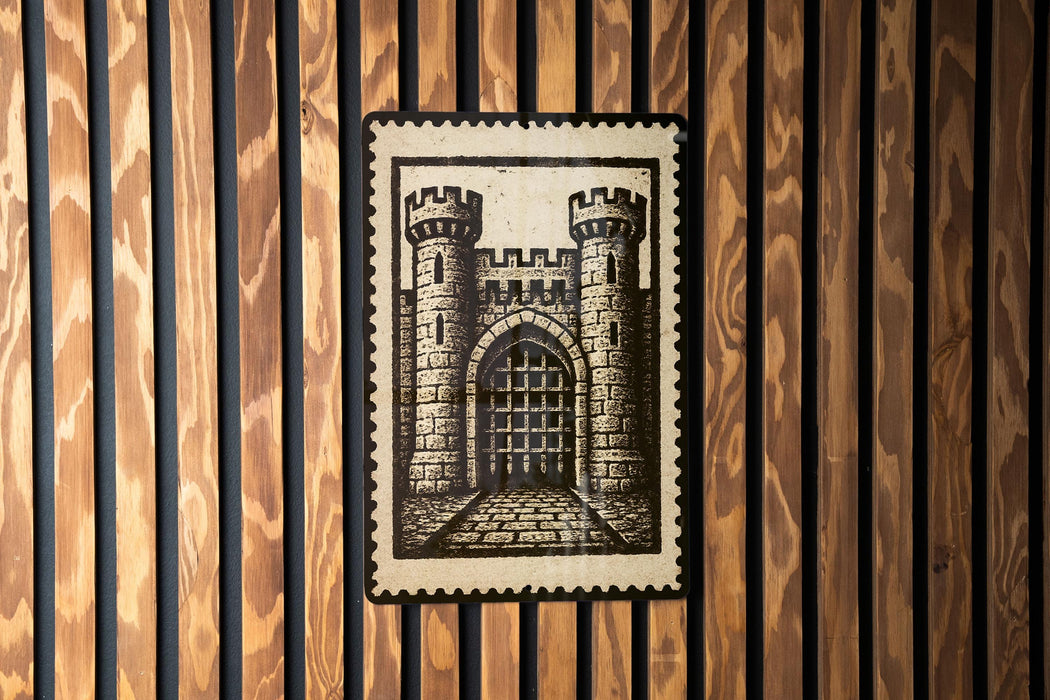 A metal stamp with a castle illustration on it is displayed on a wooden wall.
