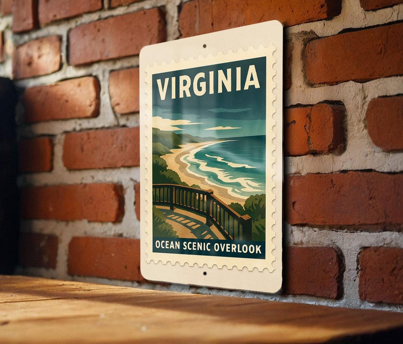 A vintage-style poster of the Ocean Scenic overlook in Virginia, featuring a scenic view of the ocean and a wooden walkway leading to the overlook.
