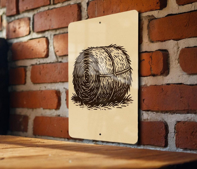 a sign with a black and white illustration of a hay bale on a wooden surface against a brick wall.