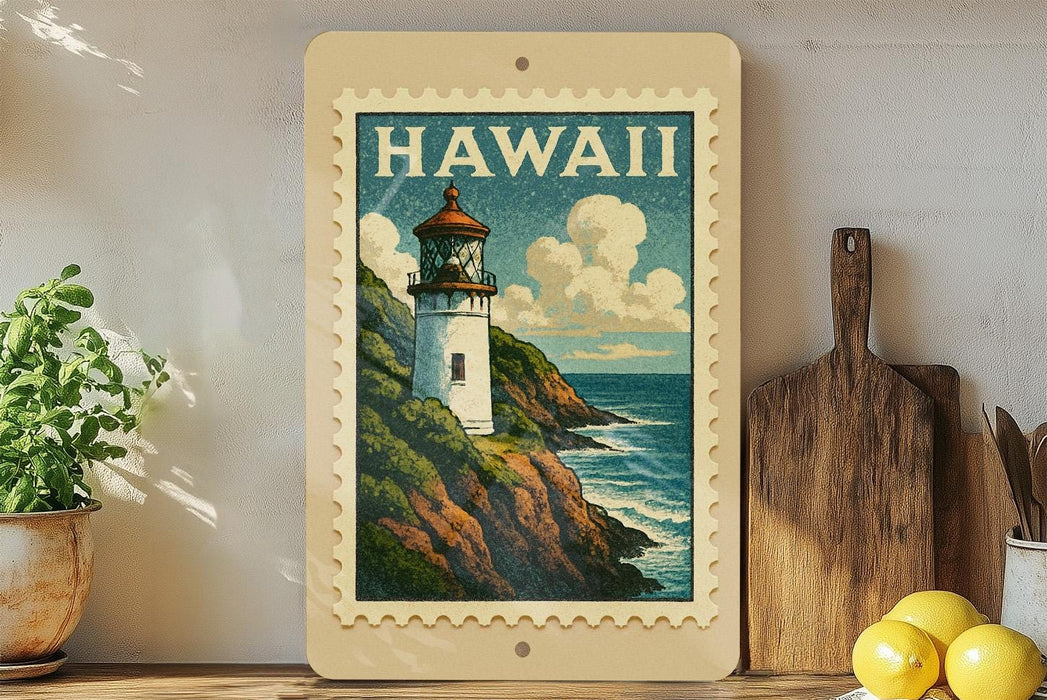 A framed vintage-style poster of a lighthouse on a cliff, with the word "HAWAII" prominently displayed, is displayed on a shelf next to a wooden cutting board and some lemons.