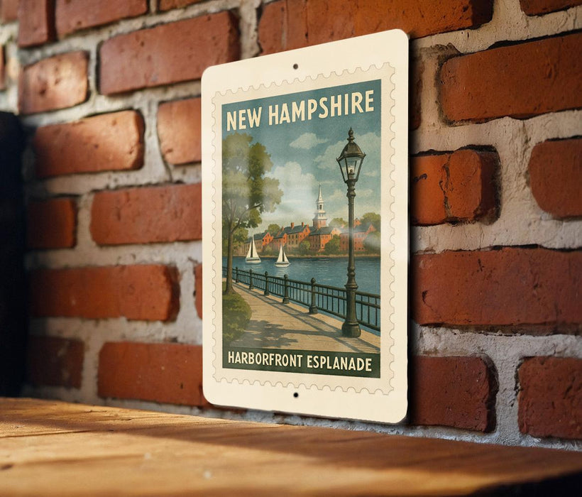 A framed poster of a harbor scene with a lamppost and boats is hanging on a brick wall.