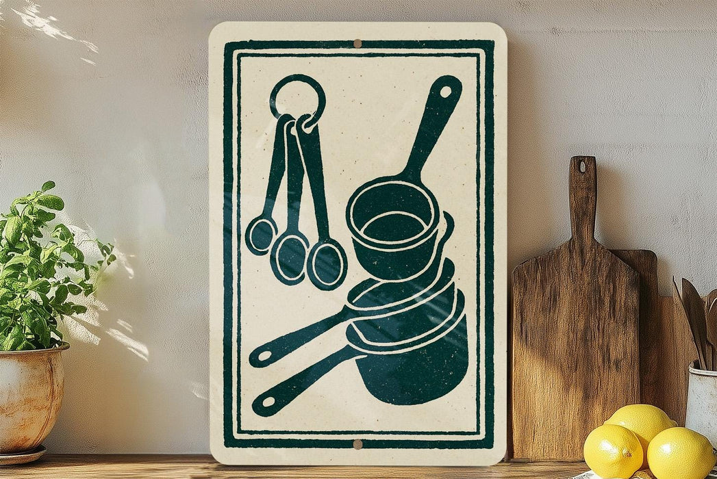 a kitchen scene with various cooking utensils, including measuring cups and spoons, as well as a wooden cutting board and a potted plant.