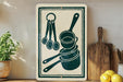 a kitchen scene with various cooking utensils, including measuring cups and spoons, as well as a wooden cutting board and a potted plant.