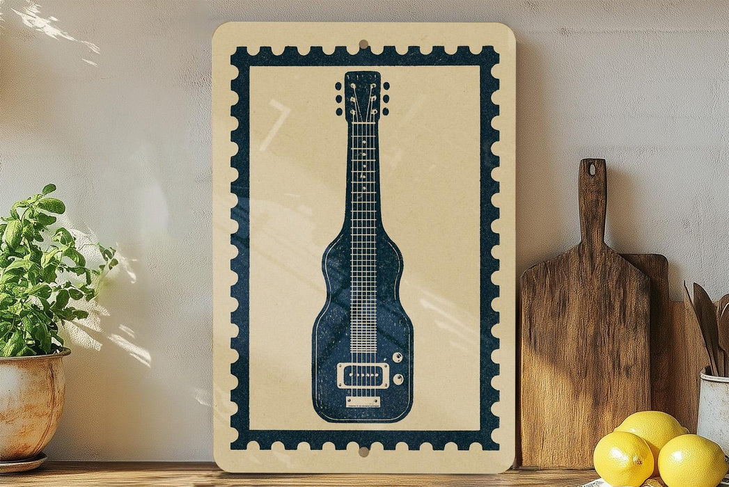 a framed illustration of a guitar on a shelf, with a potted plant to the left and a wooden cutting board to the right.