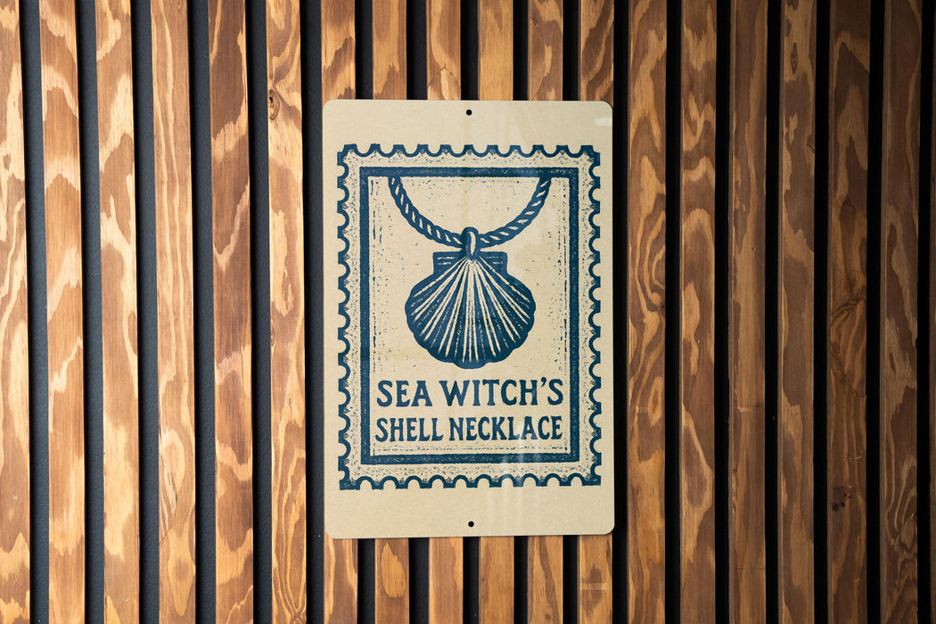 A sign for "Sea Witch's Shell Necklace" is displayed on a wooden wall.