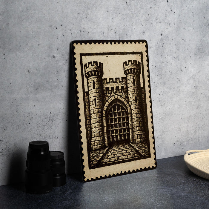 A framed illustration of a castle with two towers is displayed on a table, accompanied by a stack of black camera lenses and a woven basket.