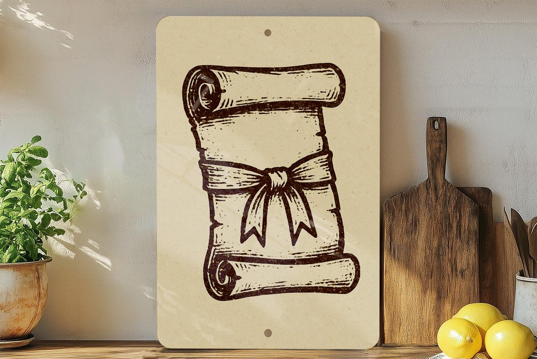 a wooden cutting board with a scroll-like design on it, placed on a shelf next to a potted plant and some lemons.