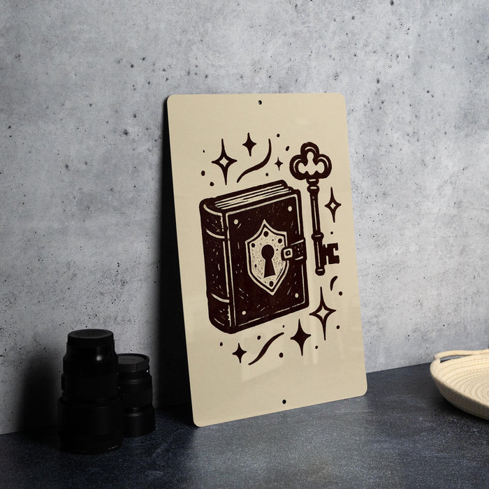 a metal sign with a book and a key on it, placed on a table next to some black camera lenses.