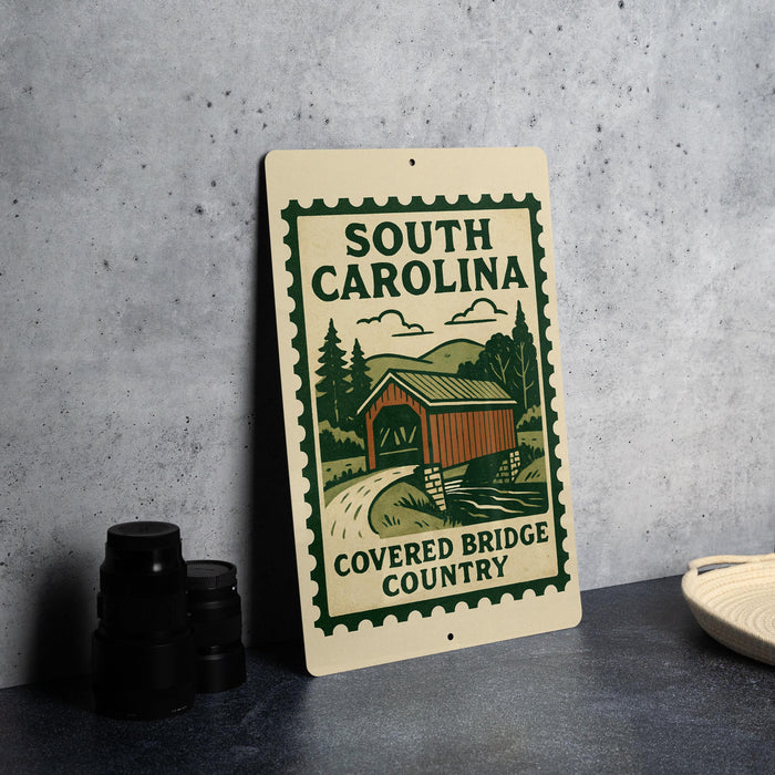 a sign for the South Carolina Covered Bridge Country, with a wooden bridge and trees depicted on the sign.