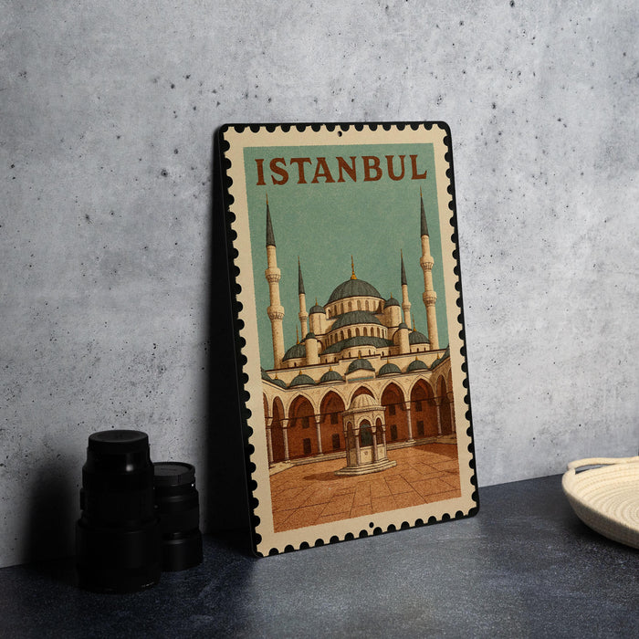 A metal stamp featuring an illustration of the Blue Mosque in Istanbul, Turkey.