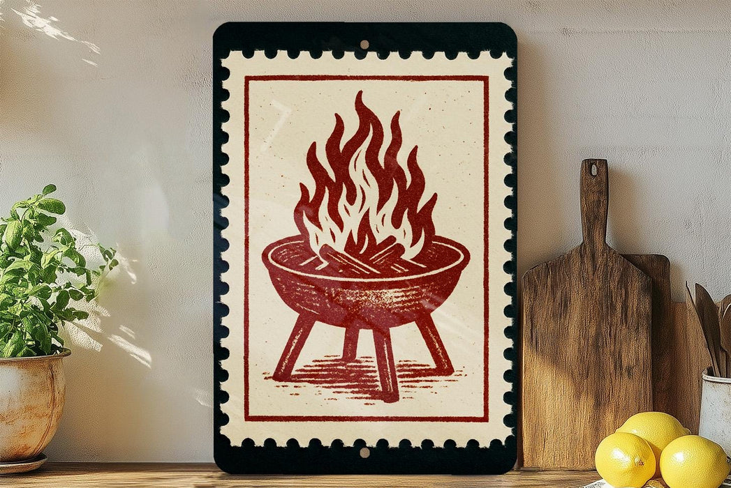 a framed illustration of a grill with flames on it, placed on a shelf next to a wooden cutting board and some lemons.