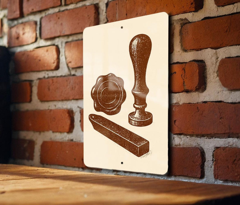 a sign with a vintage-style illustration of a seal, wax, and a stamp, mounted on a brick wall.