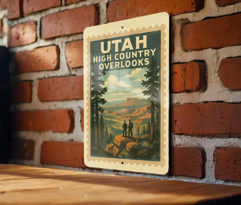 A vintage-style metal sign with the text "UTAH HIGH COUNTRY OVERLOOKS" is displayed on a brick wall.