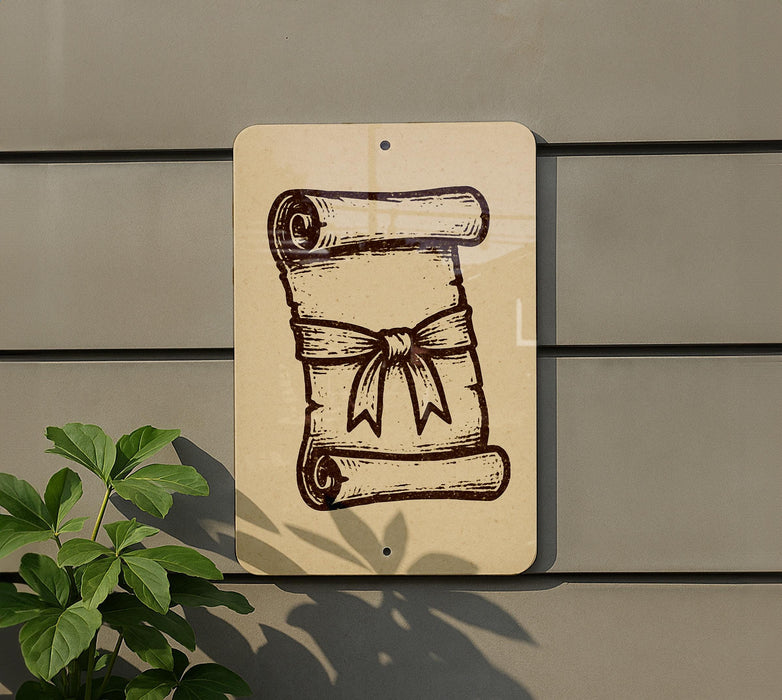 a sign with a scroll and a ribbon, mounted on a wall.