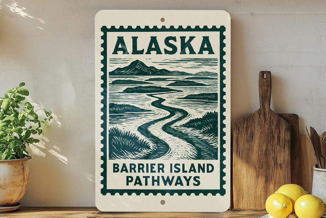 A sign for Barrier Island Pathways in Alaska, featuring a scenic illustration of a winding river surrounded by mountains.