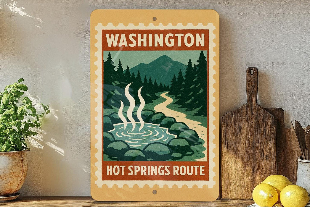 A vintage-style sign for the "Hot Springs Route" in Washington, featuring a scenic illustration of a hot spring surrounded by pine trees and mountains.