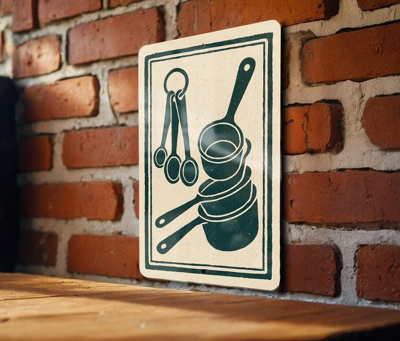 A sign with a brick wall background and a wooden table in the foreground.