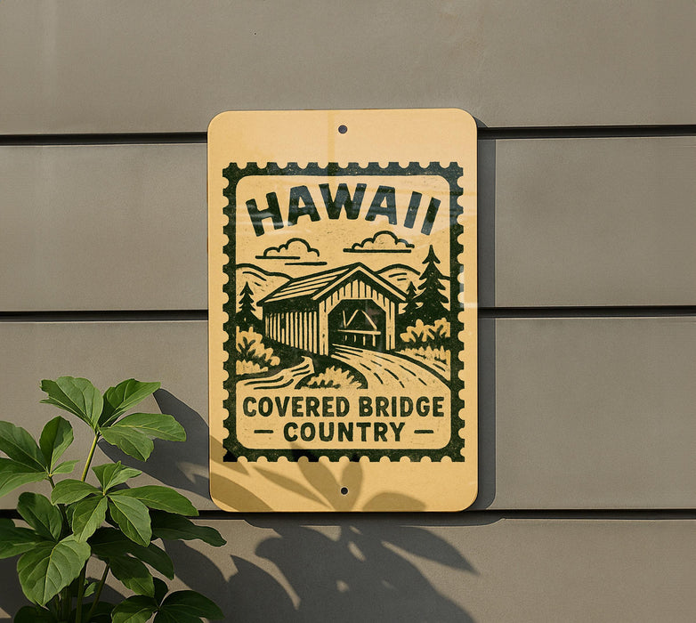 A sign for the Covered Bridge Country, featuring a graphic of a covered bridge and the text "Hawaii" and "Covered Bridge Country".