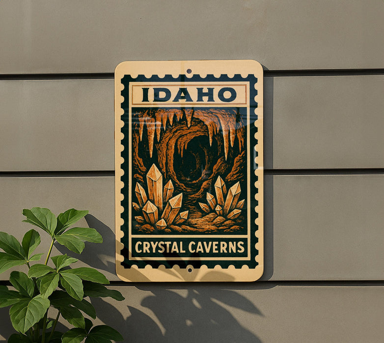 a sign for the Crystal Caves in Idaho, with a detailed illustration of the cave system and its geological features.