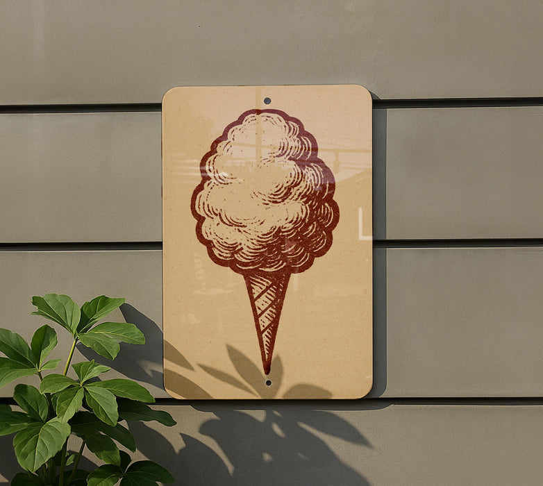 a sign with a red and white illustration of a cotton candy cone on a beige background.