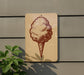 a sign with a red and white illustration of a cotton candy cone on a beige background.
