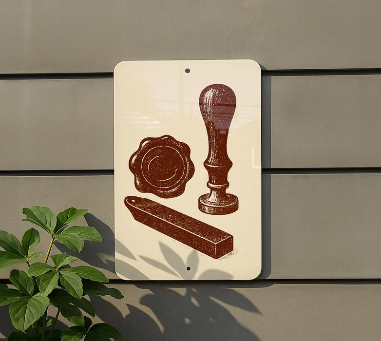 a sign with a vintage-style illustration of a wax seal, a wax stamp, and a wax cutter on a white background.