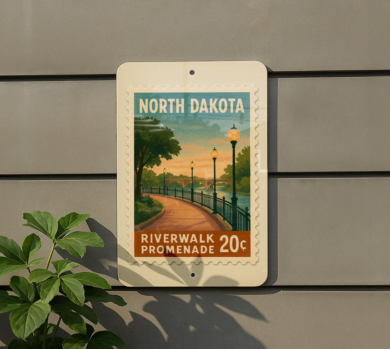 A sign for the Riverwalk promenade in North Dakota, featuring a scenic illustration of a path along a river with lampposts and trees.