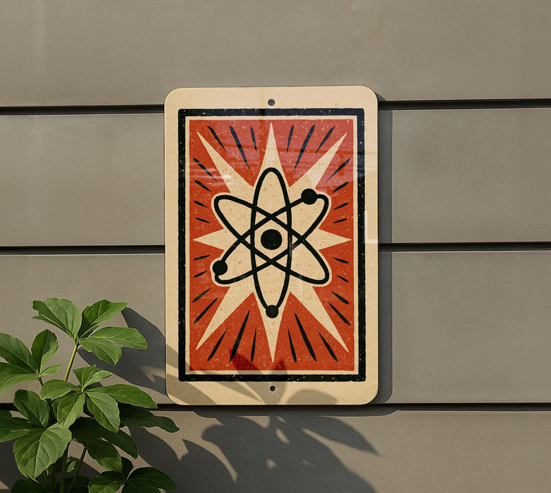 a sign with a stylized design, including a black and white depiction of an atom and a red and white starburst pattern.