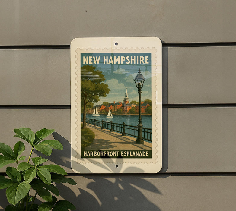 A sign for New Hampshire Harborfront Esplanade is displayed on a wall, featuring a scenic image of a harbor with sailboats and a church steeple.