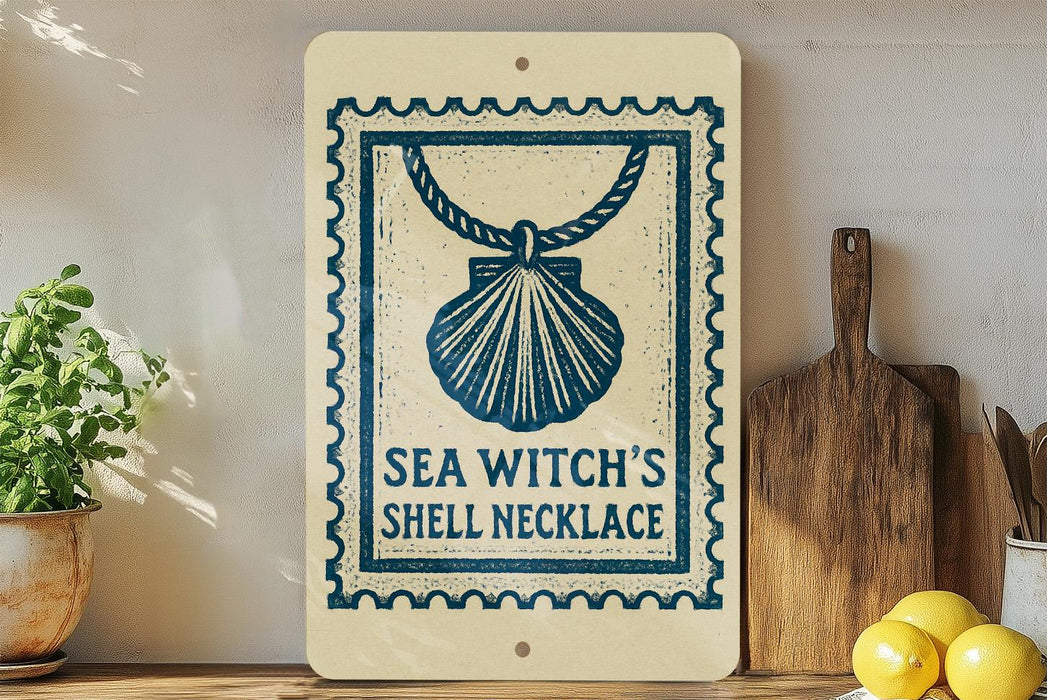 a decorative sign with a seashell and the text "SEA WITCH'S SHELL NECKLACE" on a shelf, accompanied by a potted plant, a wooden cutting board, and some lemons.