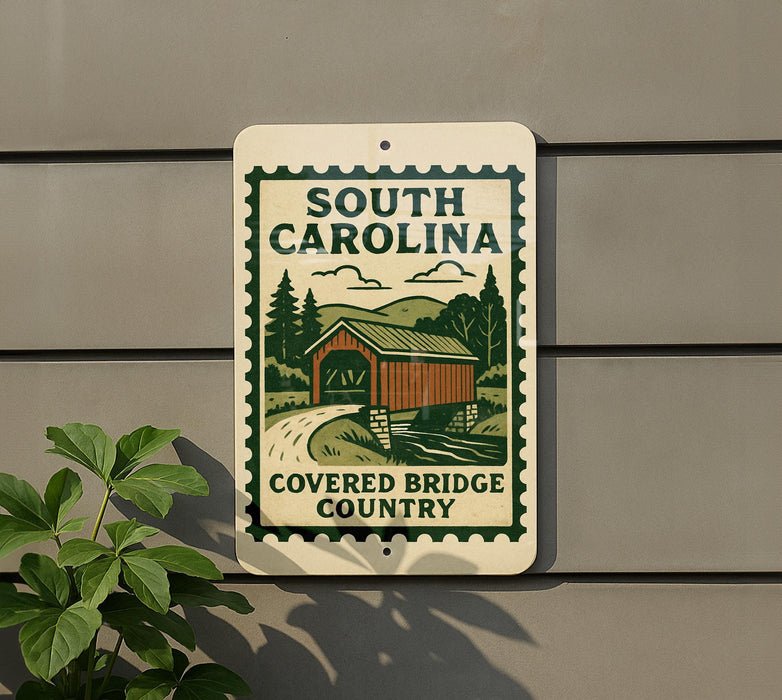 a sign for the "Covered Bridge Country" in South Carolina, with a wooden bridge and trees depicted on the sign.
