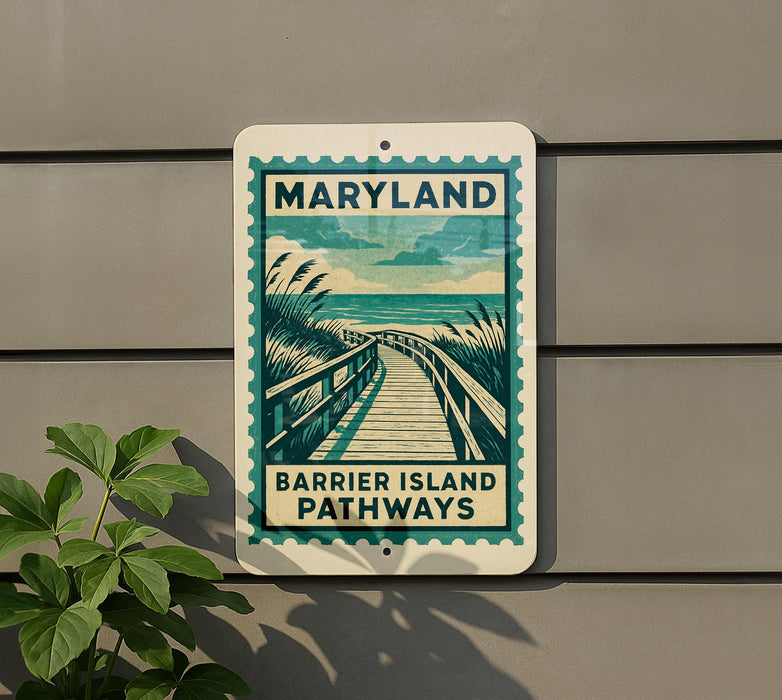 A sign for Barrier Island Pathways in Maryland, featuring a wooden walkway leading to a beach scene.