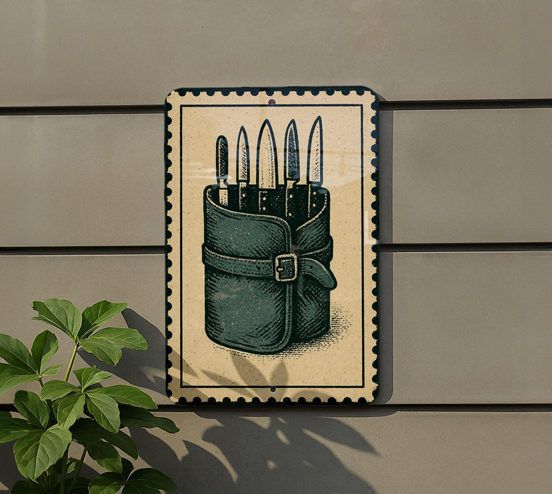 a sign with a picture of a knife case containing multiple knives.
