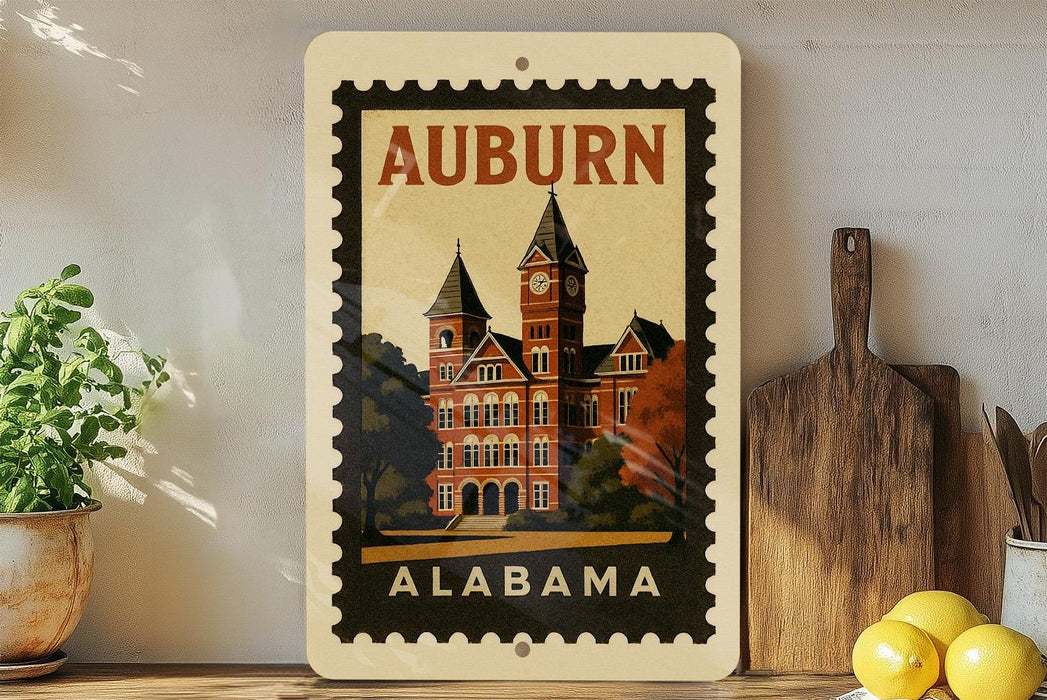 A framed vintage postage stamp depicting a building with a clock tower, placed on a shelf next to a wooden cutting board and some lemons.