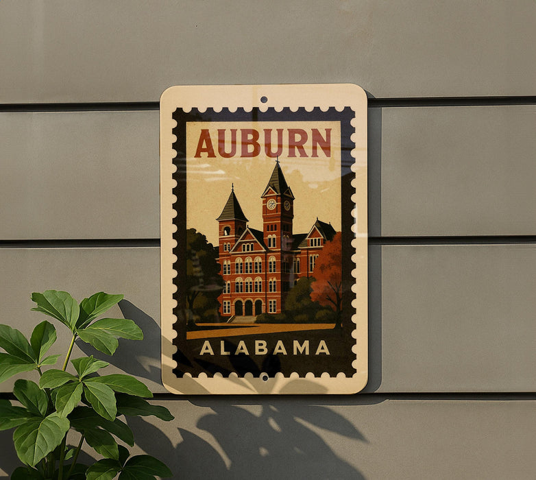 A sign displaying the image of a building with a clock tower, representing the historic Auburn University in Alabama.