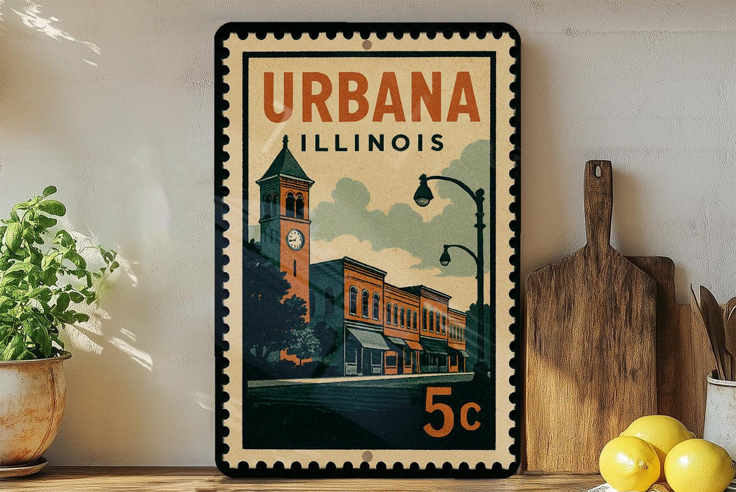 A vintage postage stamp from Illinois, featuring an illustration of a city street with buildings and a clock tower, is displayed on a shelf next to a wooden cutting board and some lemons.
