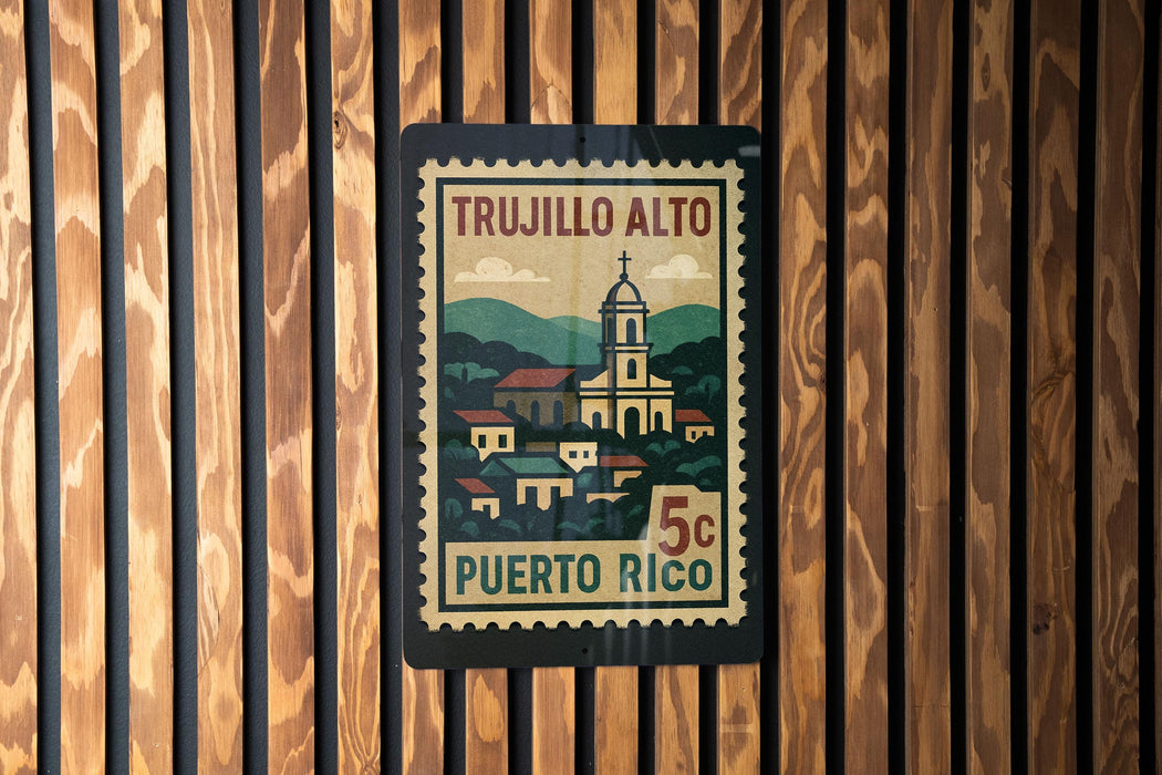 A vintage postage stamp featuring a church and a mountain landscape, with the text "TRUJILLO ALTO" and "PUERTO RICO" printed on it.