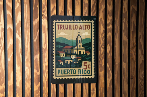 A vintage postage stamp featuring a church and a mountain landscape, with the text "TRUJILLO ALTO" and "PUERTO RICO" printed on it.