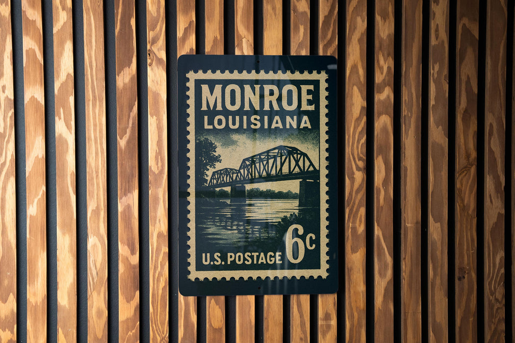 A vintage postage stamp from Monroe, Louisiana, featuring a bridge over a river.