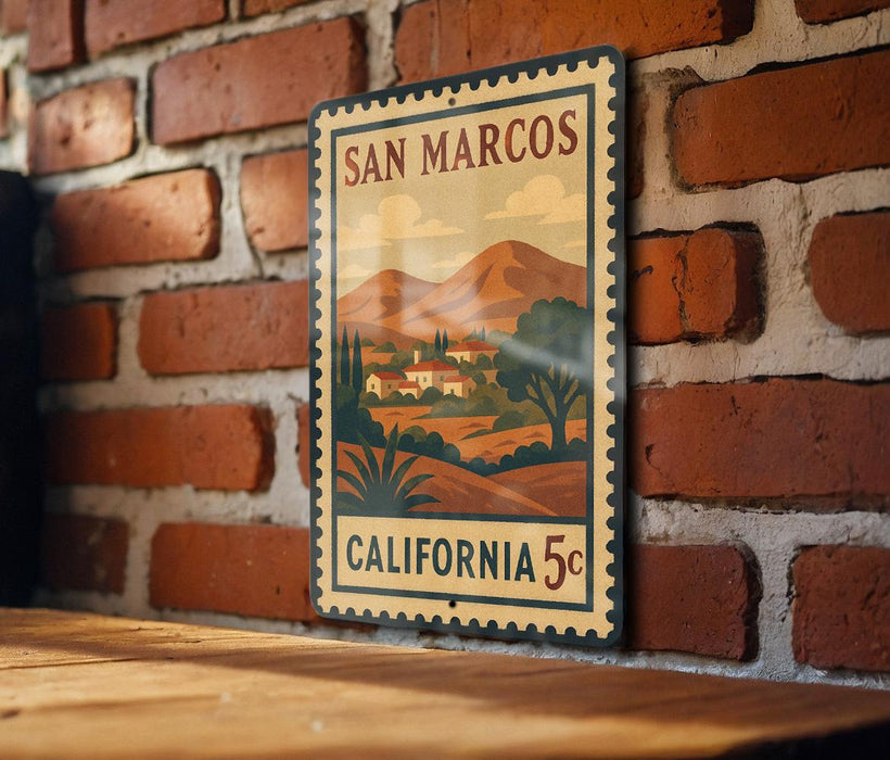 A vintage-style metal sign with a landscape illustration and text, mounted on a brick wall.