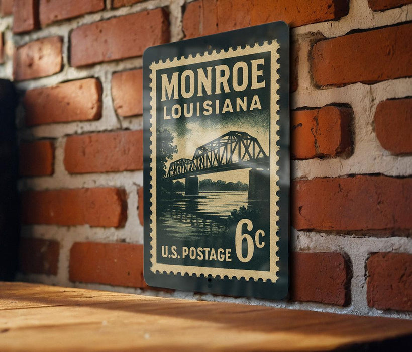 A vintage-style postage stamp from Louisiana, featuring a bridge and water, is displayed on a brick wall.