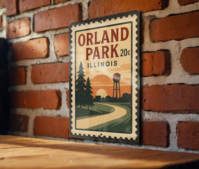 A vintage-style sign for Orland Park, Illinois, featuring a scenic illustration of a winding road, pine trees, and a water tower against a sunset backdrop.