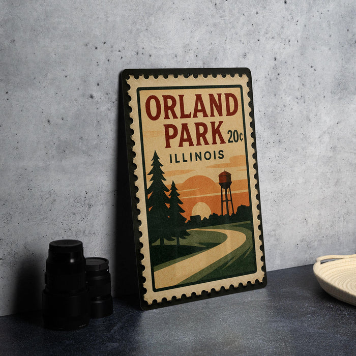 A vintage-style postage stamp from Illinois, featuring a scenic landscape with a winding road, trees, and a water tower, is displayed on a table.