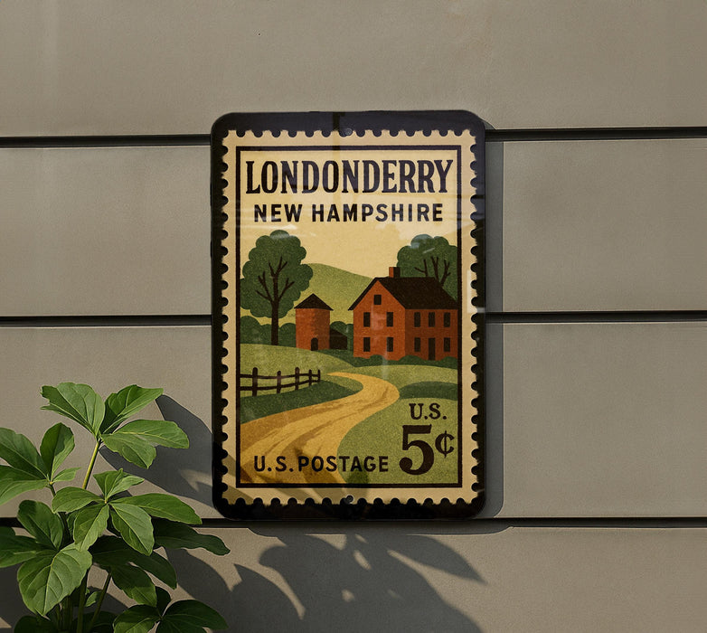 A vintage postage stamp from the United States, featuring a rural scene with a house, road, and trees, mounted on a wall.