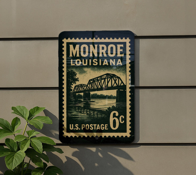 A vintage-style postage stamp from Monroe, Louisiana, featuring a bridge and water, mounted on a wall.
