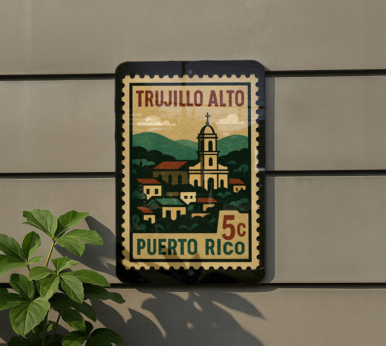 A postage stamp depicting a church in Puerto Rico, with the text "TRUJILLO ALTO" and "PUERTO RICO" printed on it.