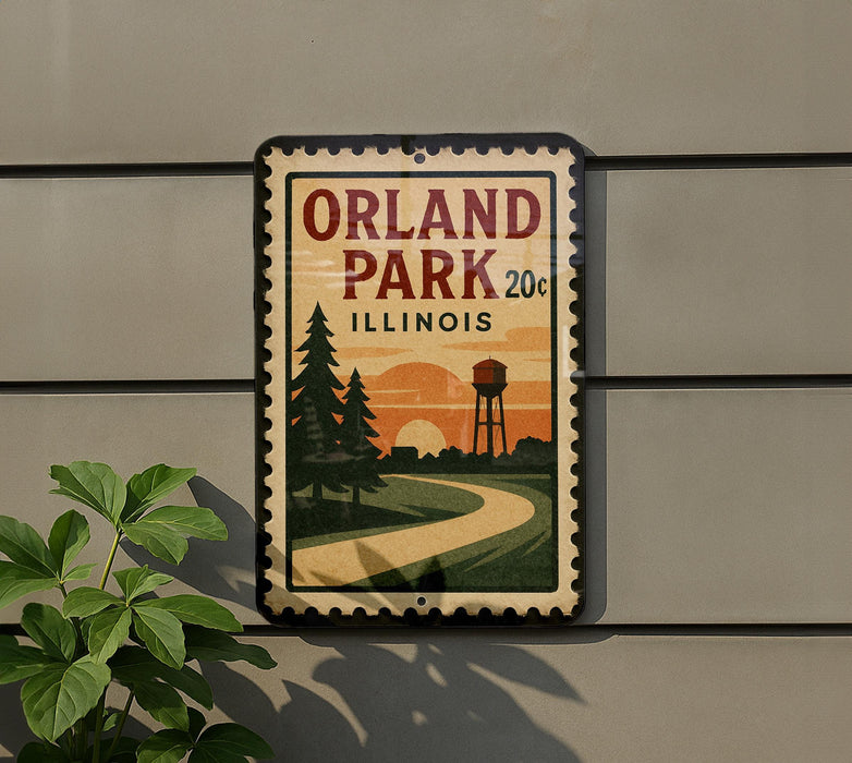 A vintage-style sign for Orland Park, Illinois, featuring a scenic landscape with a winding road and a water tower in the background.