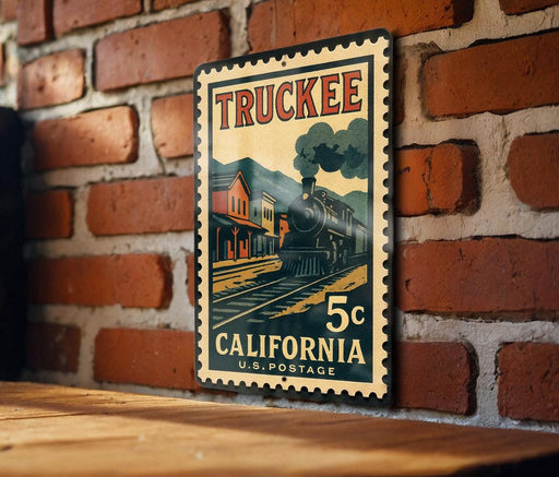 A vintage-style postage stamp featuring a train on a track, mounted on a brick wall.