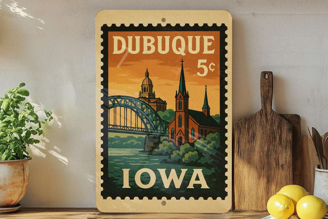 A vintage postage stamp from Dubuque, Iowa, featuring a bridge and a church, is displayed on a shelf next to a wooden cutting board and some lemons.