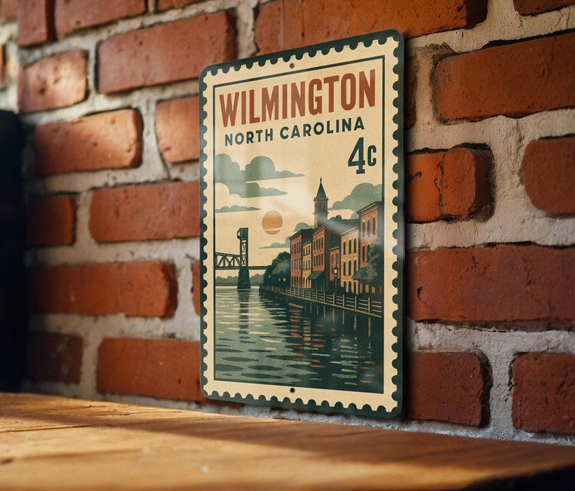 A vintage-style metal sign with a brick wall backdrop, featuring a depiction of a cityscape and a bridge.
